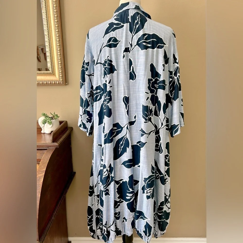 Alembika Blue Floral Wonderful Midi Dress One Pocket Shirt Dress Size 7 US 18-20